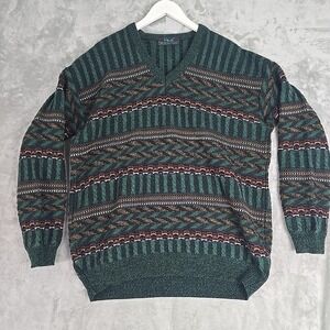 Priknit VTG Mens V-Neck 3D Knit Sweater 44 Large Green Grandpa Cosby Style